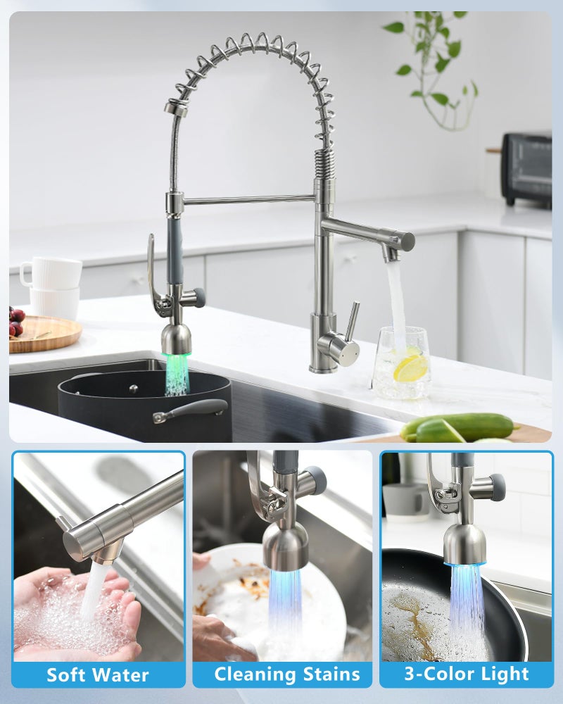 Fapully Commercial Single Handle Pull Down Sprayer Brushed Nickel Kitchen Faucet, Kitchen Sink Faucet with LED Light - Image 4